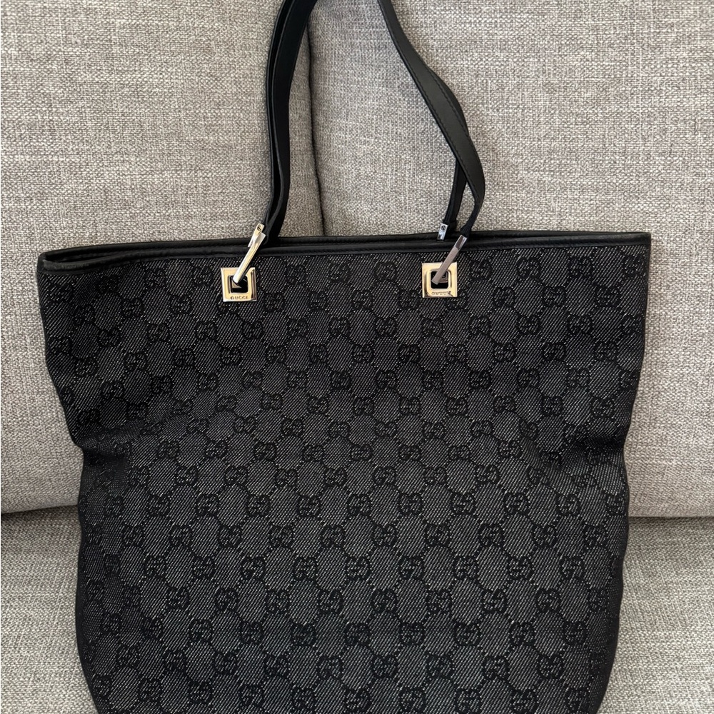 GUCCI Black Denim GG Canvas Tote